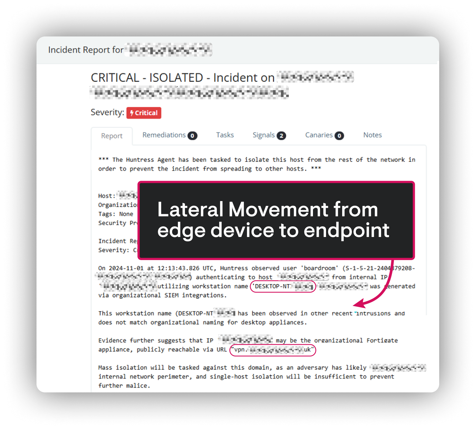 Annotated screenshot that says "Lateral Movement from edge device to endpoint"